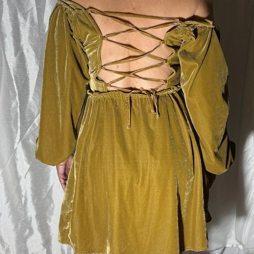 Free People Gold Velvet Off-Shoulder Lace-Up Back Mini Dress Size S